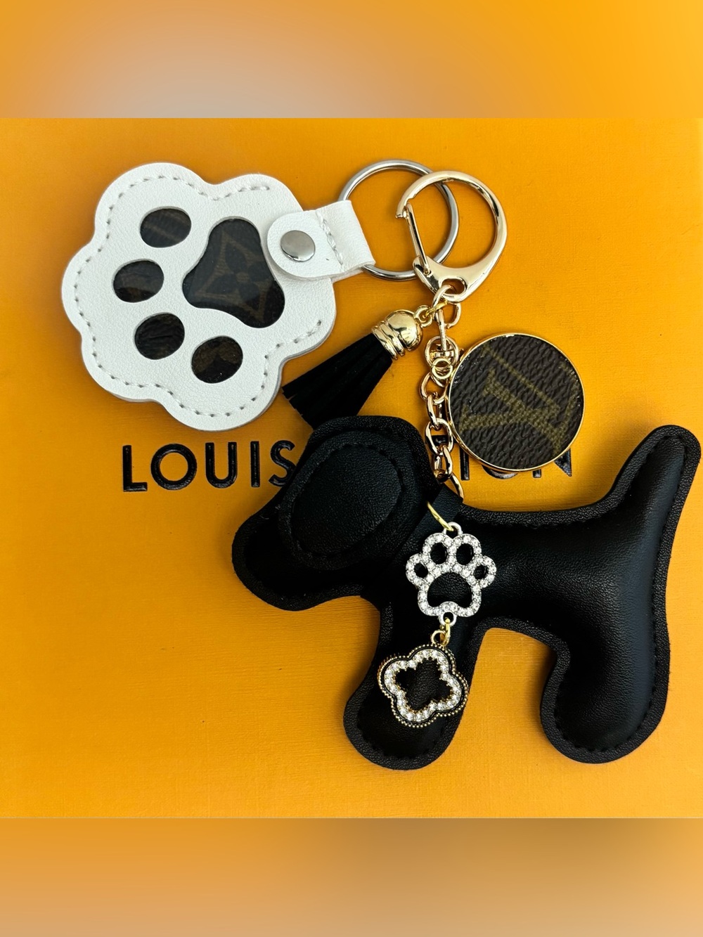 Authentic Louis Vuitton Bag Charm, Black Dog and Paw, Clover, Upcycled, 5.5 in.